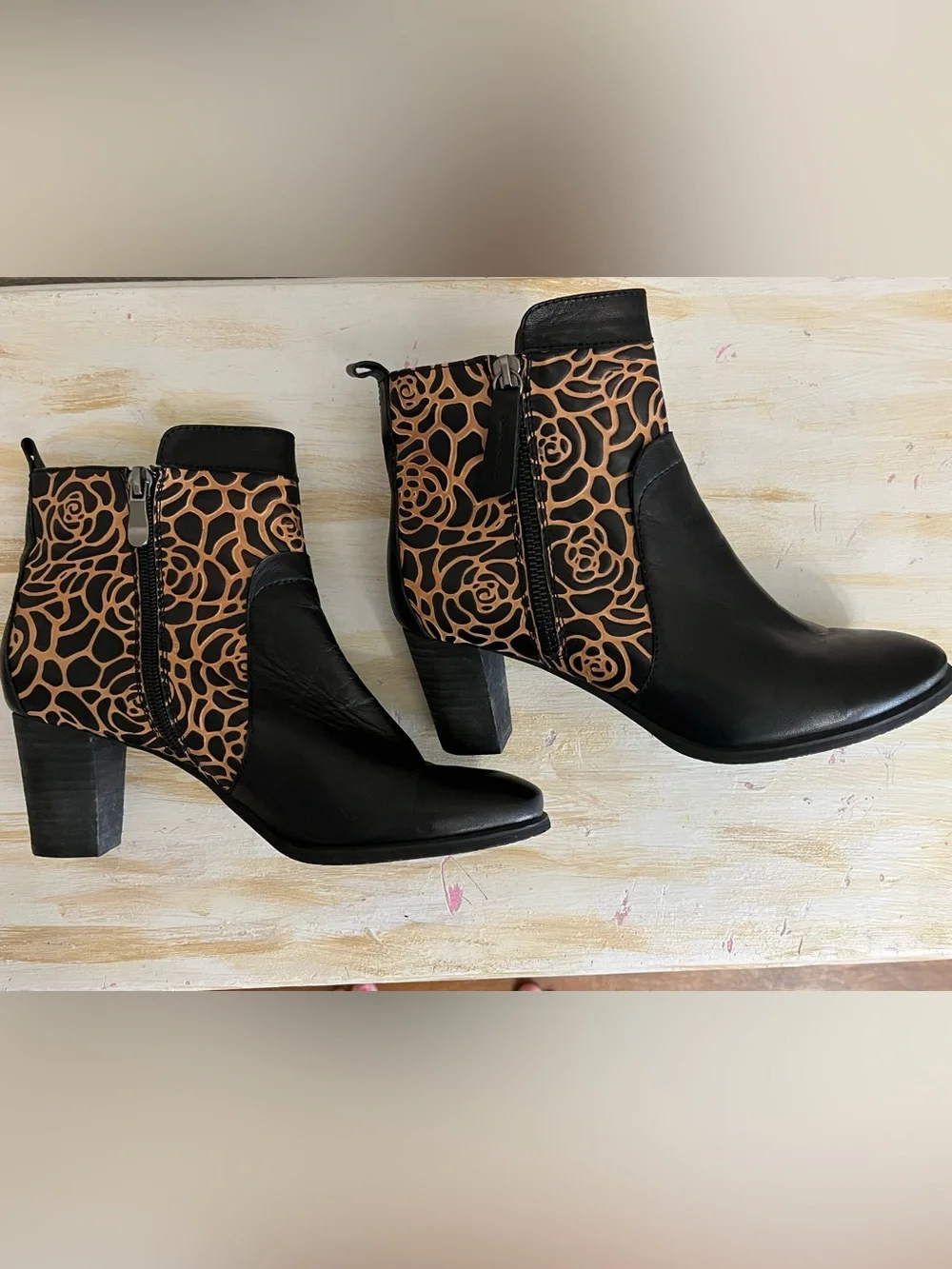 Women's Black Ankle Boots with Tan Floral Cutout Panels